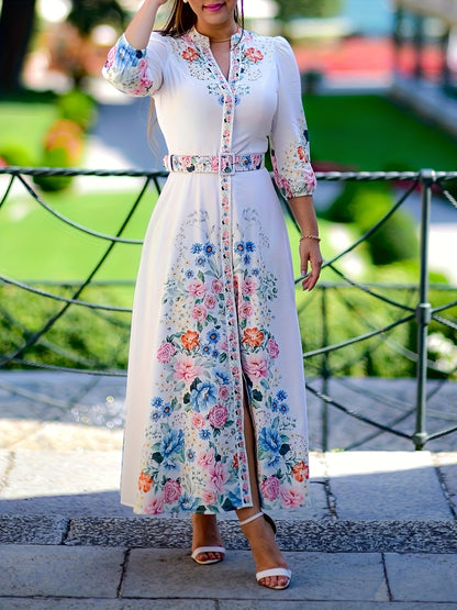 Casual A-Line Maxi Dress with Floral Print, V-Neck, Three-Quarter Sleeves, And Tied Detail