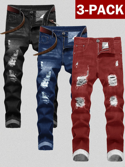 3-pack Men'S Slim Fit Ripped Jeans Distressed Denim Pants Casual Streetwear Fashion Trousers Hip Hop Trendy Joggers For Men