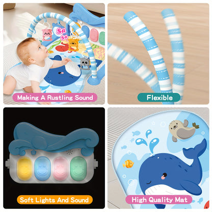 Baby Play Mat Baby Gym for Floor, Kick And Play Piano Mat Gym, Tummy Time Baby Activity Mat with 5 Infant Sensory Baby Toys, Music And Lights Boy & Girl Gifts for Newborn Baby 0-3-6-9-12 Months(Blue)