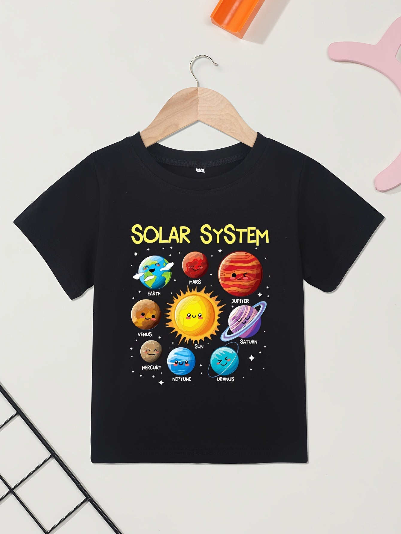Cotton Short Sleeved Boys' T-shirt. Solar System Letter Print And Planet Pattern Print. Casual Versatile Round Neck Short Sleeved Top
