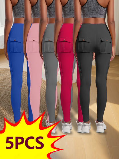 5pcs High-waisted Yoga Pants with 4 Button Pockets, Elastic Buttocks Lifting, Shaping And Abdominal Tightening Running Yoga Pants, Women's Yoga Stretching Exercise Pants, 5pcs Yoga Pants Set, Women's Yoga Pants Set