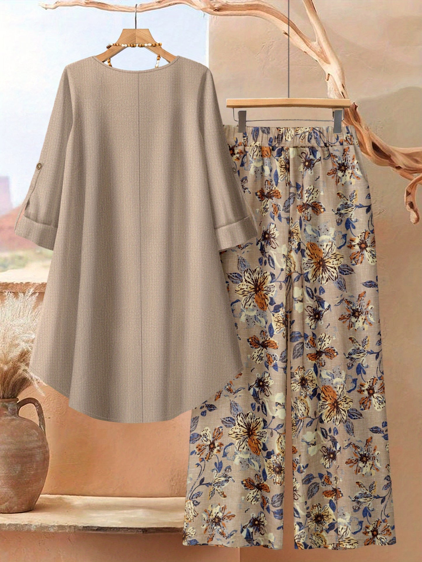 Plus Size, Plus Size - Plus Size - A Stylish 2pcs Ensemble Featuring Oversized Asymmetrical Button-Up Tops for Women, Matched with Printed Wide-Leg Trousers, Radiating Everyday Sophistication
