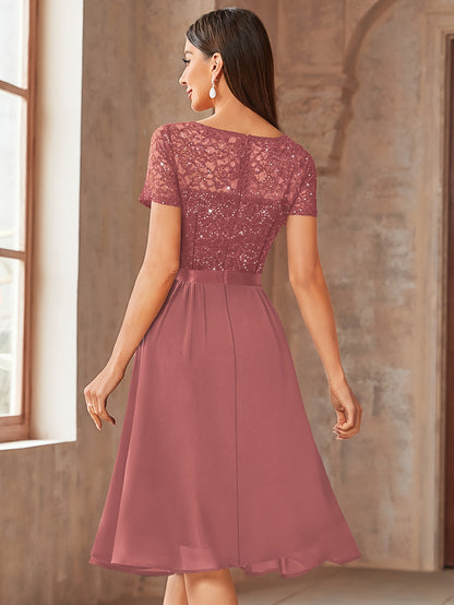 24224 Elegant Womens Sequin Lace Chiffon A Line Bridesmaid Dress, V Neck Short Sleeves, Ruched Ruffle Hem, Perfect for Graduation Season, Wedding Season, Summer Wedding Guest, Evening Party, Cruise Party And Birthday Celebration
