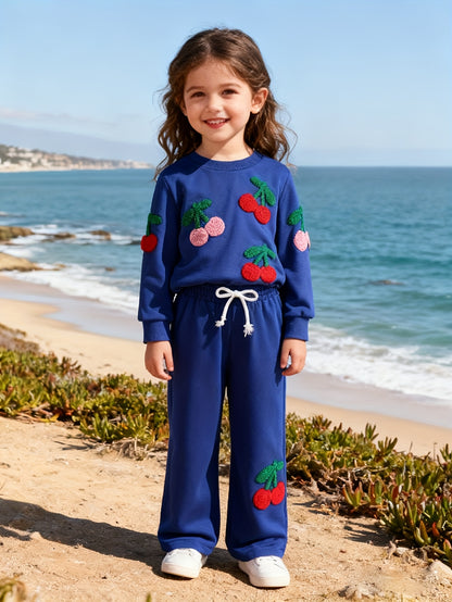 2pcs Girls' Set Including A Top and Pants in Klein Blue with Cherry Pattern, Suitable for Spring and Autumn, Perfect for Outdoor