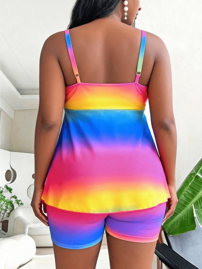 Women'S Large-Size Rainbow Gradient Two-Piece Swimsuit | High-Waist Lace-Up with Open Back, High Stretch Fabric, Trendy and Fashionable Beach Vacation Pool Style