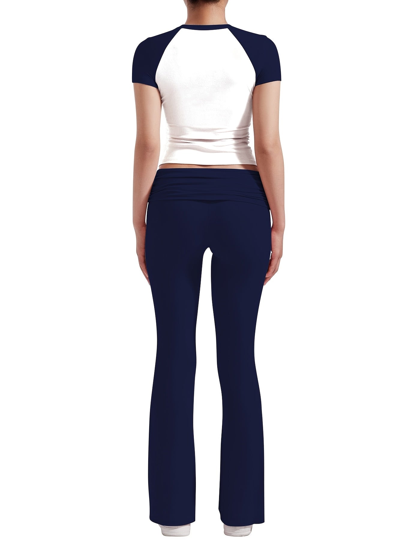 Casual Solid Color Slim Two-piece Pants Set, Short Sleeve Crew Neck T-shirt & Skinny Flared Leg Pants Outfits, Women'S Clothing
