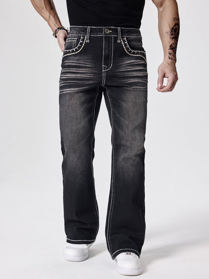 ESDVQ Men's Slim-Fit Classic Washed Denim Bell-Bottom Jeans - Mid-Stretch Machine-Washable Flared Pants with Suitable for All-Season Wear, Comfortable Stretchable Bell-Bottoms for Casual & Dressy Outfits