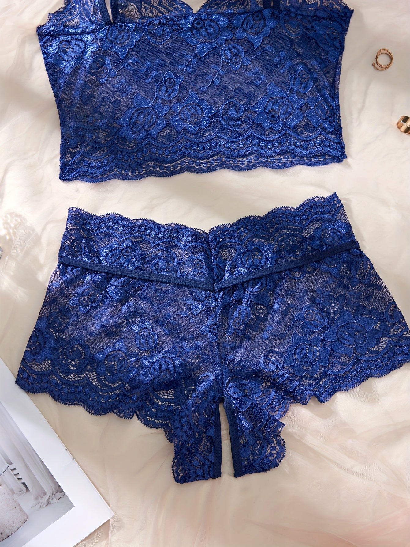 Elegant Blue Lace Sexy Lingerie Set with Floral Pattern - Includes Strapless Bra, Corset, and Thong, Bow Details, Adult Women's Semi-Transparent Seduction Briefs, Exotic Apparel|Floral Lace Set|Strapless Design