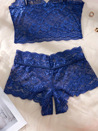 Elegant Blue Lace Sexy Lingerie Set with Floral Pattern - Includes Strapless Bra, Corset, and Thong, Bow Details, Adult Women's Semi-Transparent Seduction Briefs, Exotic Apparel|Floral Lace Set|Strapless Design