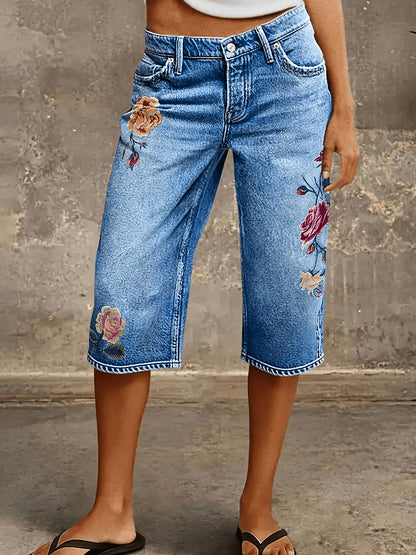 Women'S Denim Shorts, Spring And Summer Embroidered Washed Flower Embroidered Mid-Waist Straight Leg Cropped Jeans