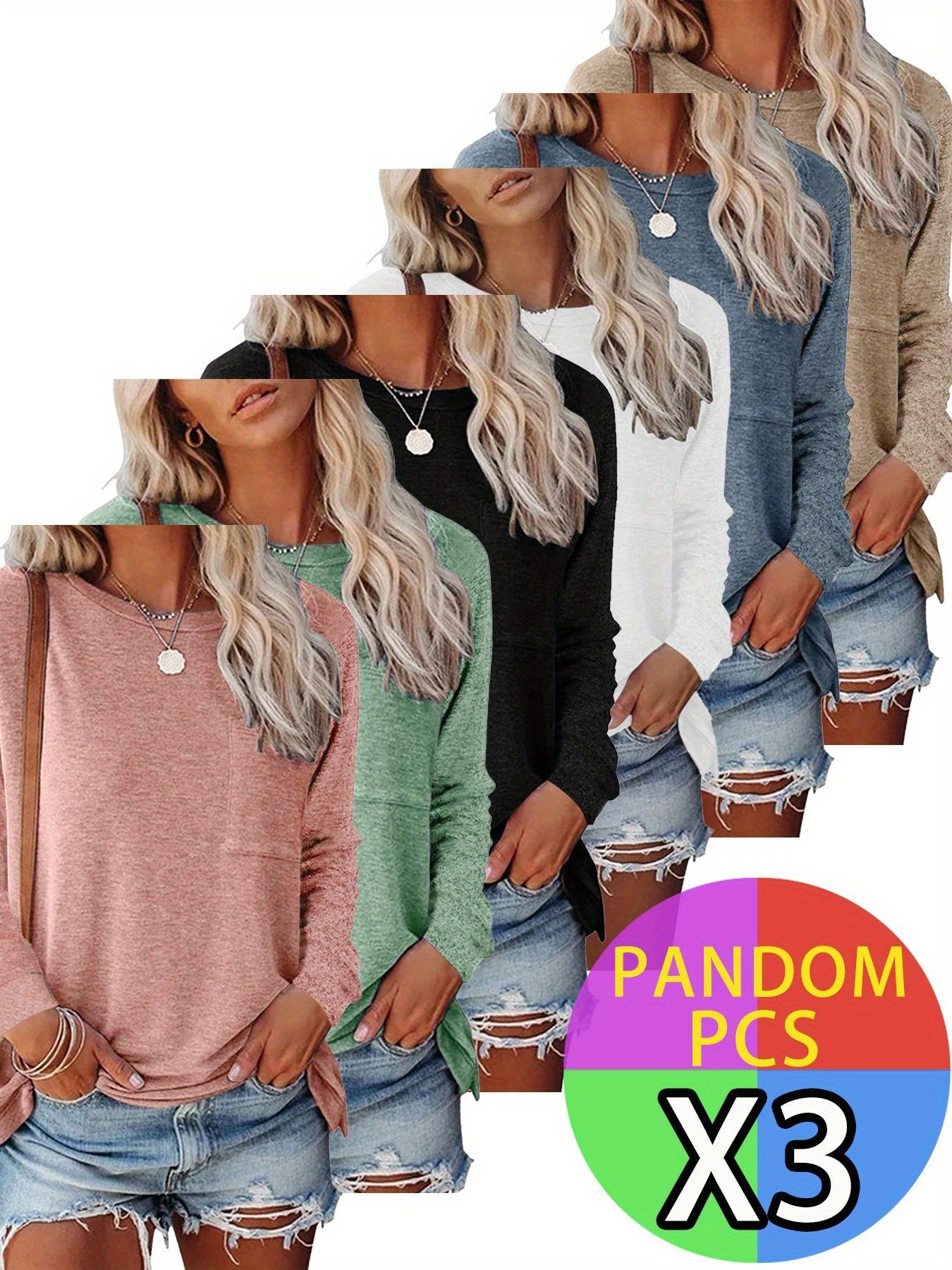 3 Long-Sleeved Solid-Color Round-Neck T-Shirts for Women with A Pocket on The Chest, Side Slits at The Hem, Tightened Cuffs, Made of Soft Material, Easy And Versatile, Suitable for Commuting And Going Out. 3 Random Colors of Women'S Top
