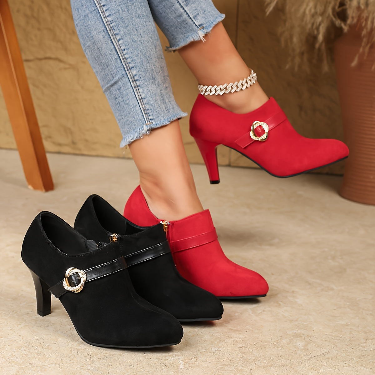 Elegant Black Pointed-Toe High Heels with Side Zipper - Comfortable Faux Cover Ankle Boots for Women, Perfect for All Seasons
