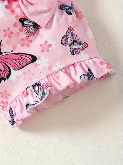 Baby Girl Cute Butterfly Patterned Round Neck Jumpsuit, Casual Bow Printed Shorts And Headband Three-Piece Set, for Outdoor
