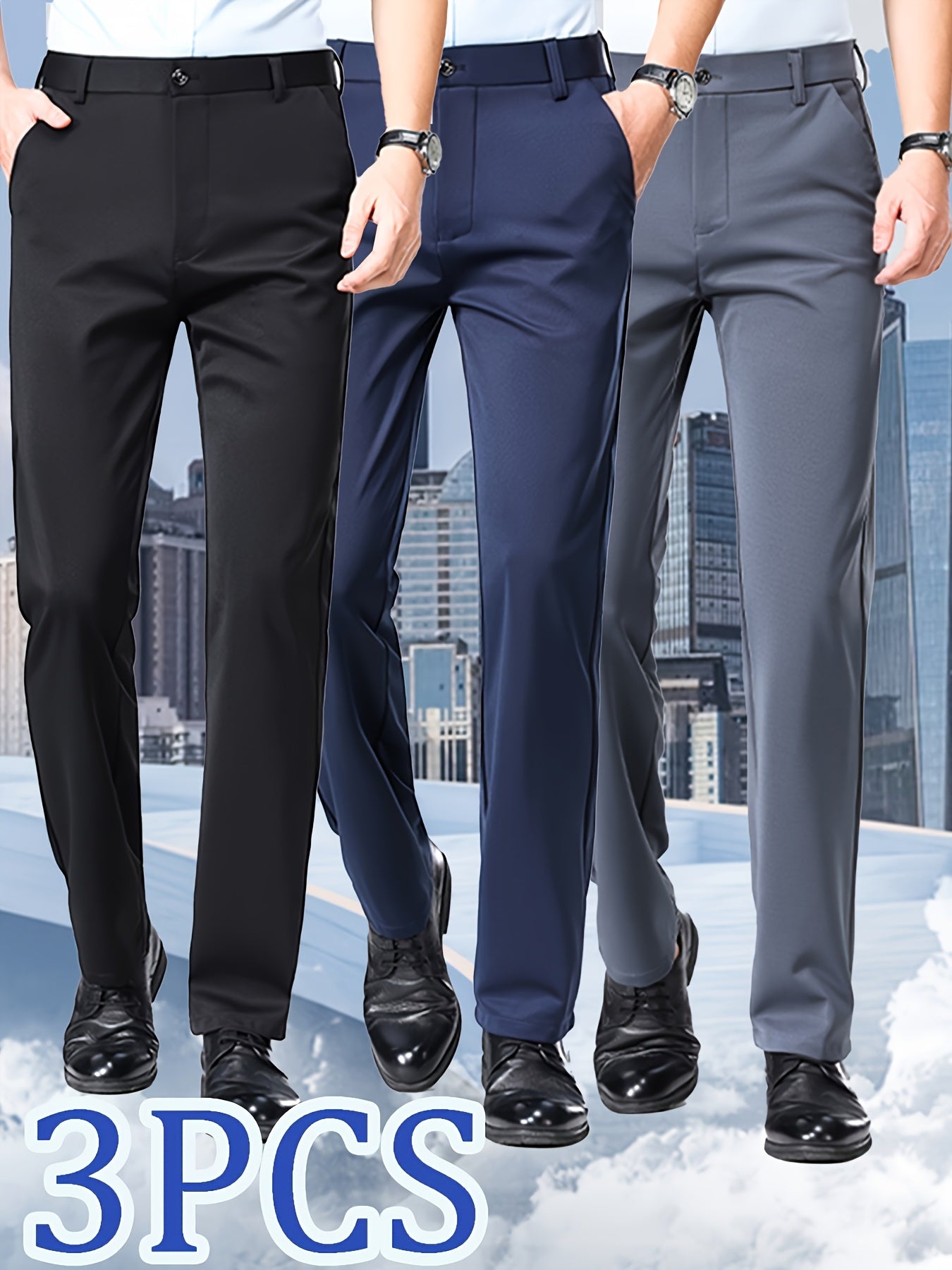 3pcs Set of Men's High-stretch Wrinkle-resistant Straight-leg Dress Pants, High-waisted Business Casual Long Pants, Button and Zipper Design, Machine Washable, Classic Solid-color Dress Pants for All Seasons, Professional Attire, Durable Fabric, F
