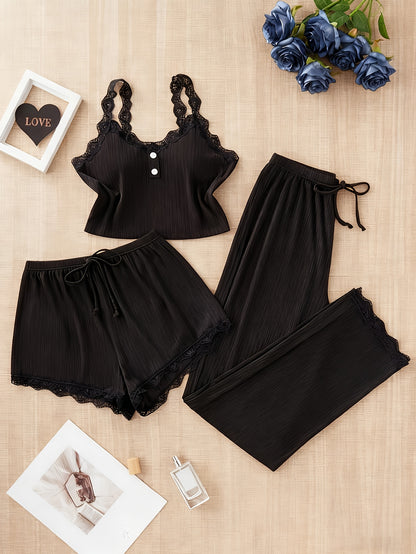 Random Delivery, 3pcs Plus Size Ladies Four Seasons Sexy Lace Suspender Home Service Suit (including Trousers, Shorts And Vest), Black-burgundy-grayish Blue, Sent Randomly.