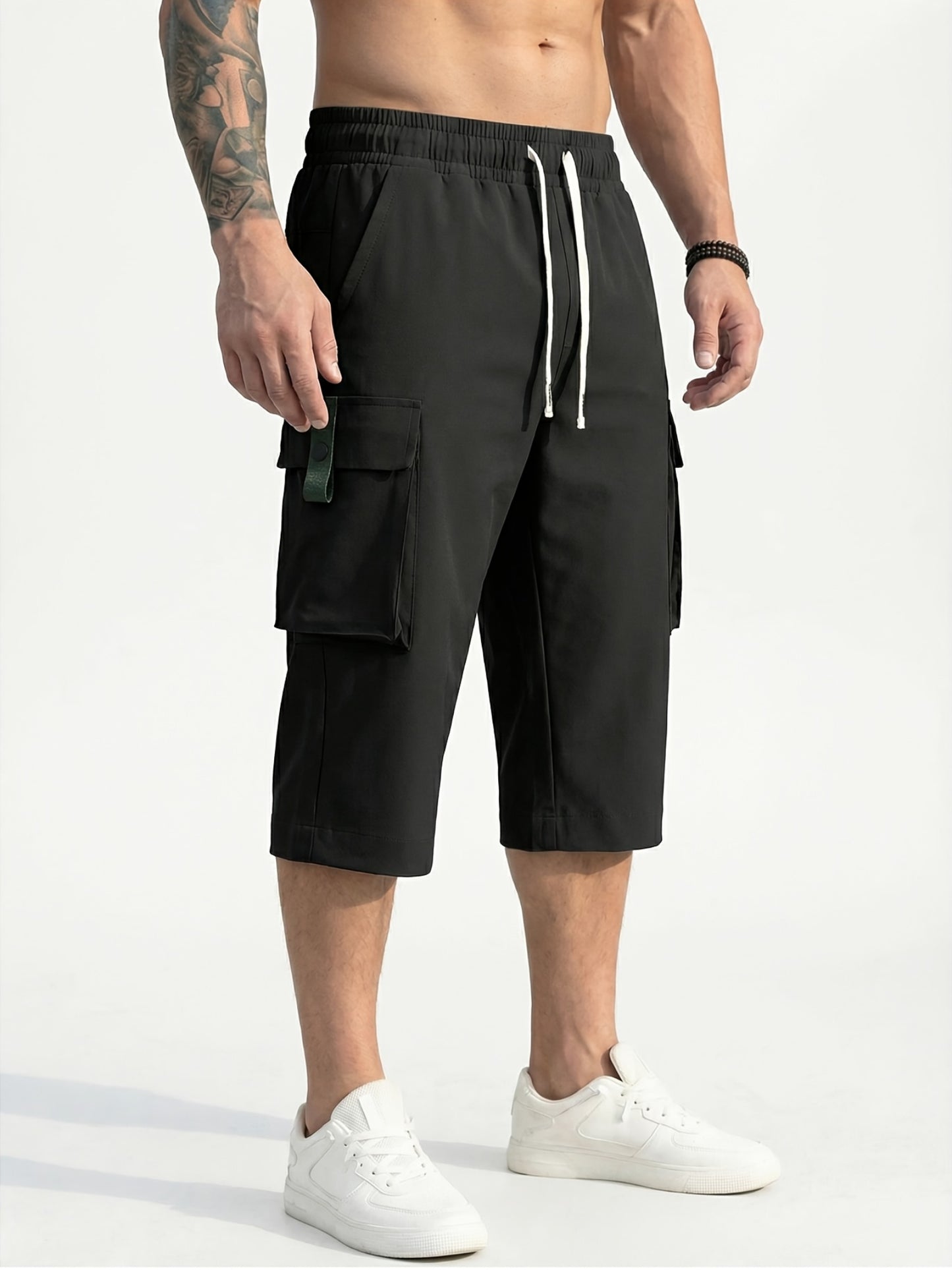 3-pc Men'S Cargo Shorts | Ripstop Fabric with Multiple Pockets, Adjustable Waist, 3/4 Length, Includes Wristband | Suitable for Outdoor Travel, Sports, Casual Wear | Available in Black, Grey, Khaki