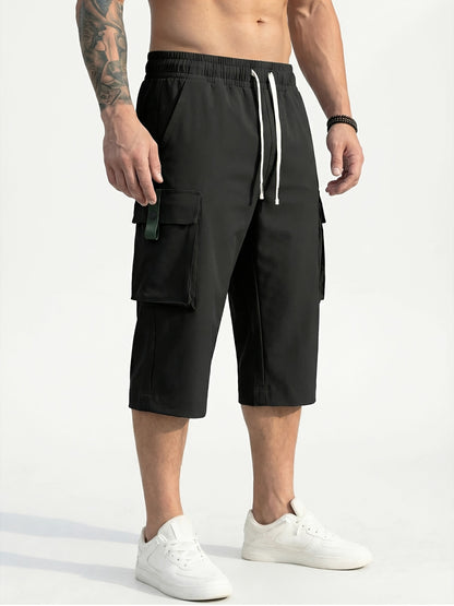 3-pc Men'S Cargo Shorts | Ripstop Fabric with Multiple Pockets, Adjustable Waist, 3/4 Length, Includes Wristband | Suitable for Outdoor Travel, Sports, Casual Wear | Available in Black, Grey, Khaki