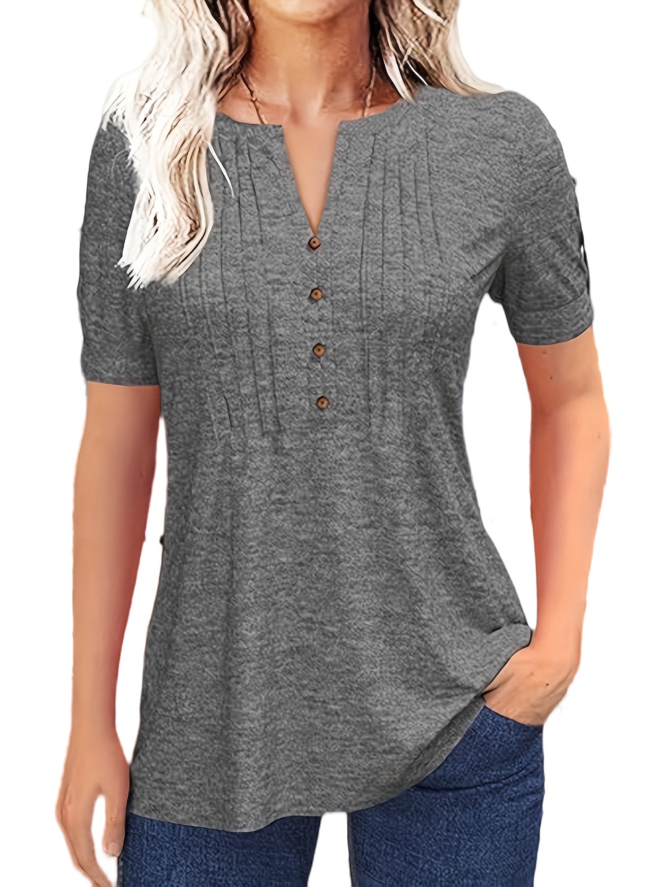 Casual Short-Sleeve T-Shirt for Women, Featuring a Pleated Design And V-Neck in Solid Colors, Perfect for Summer
