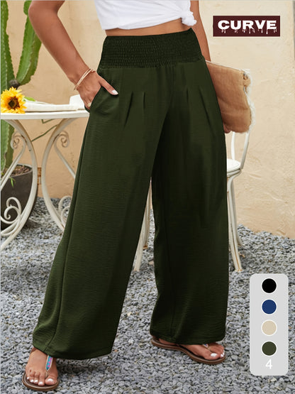 Plus Size, Chic High-Waisted Wide Leg Trousers | Plus-Size Military Green Casual Pants for Women - Spring, Summer And Autumn Comfort with Elastic