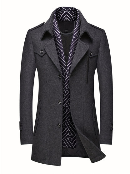 Men'S Wool Blend Coat with Detachable Soft Scarf Notched Collar Single Breasted Overcoat