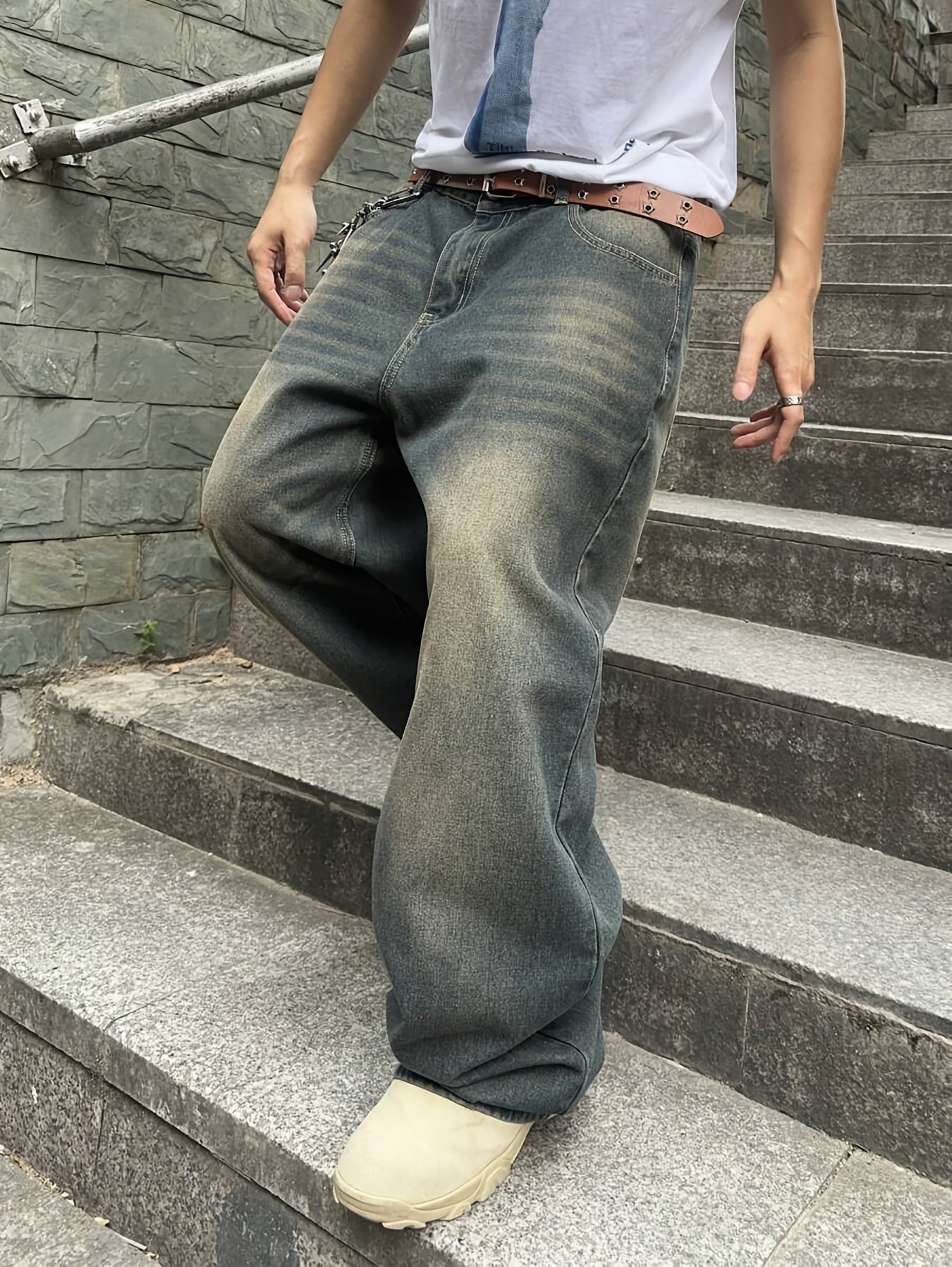 Men'S Casual Loose Fit Jeans, 90% 5% Polyester 5% Bamboo Rayon Rayon Blend, Solid Color Washed Denim, All-Season Non-Stretch Woven Fabric, Regular Length, Allseason Pants | Stylish Casualwear | Nonstretch Denim