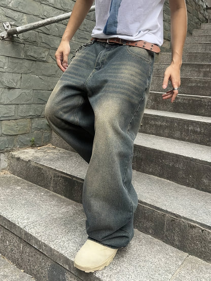 Men'S Casual Loose Fit Jeans, 90% 5% Polyester 5% Bamboo Rayon Rayon Blend, Solid Color Washed Denim, All-Season Non-Stretch Woven Fabric, Regular Length, Allseason Pants | Stylish Casualwear | Nonstretch Denim
