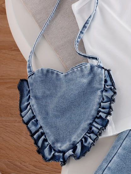 Young Girls 2PCS Summer And Autumn Outfit – Sleeveless White Tank Top & Heart Fringe Patch Washed Denim Pants Set, Cute Casual Clothes, Girl clothes 7 8 years, y2k kids clothes