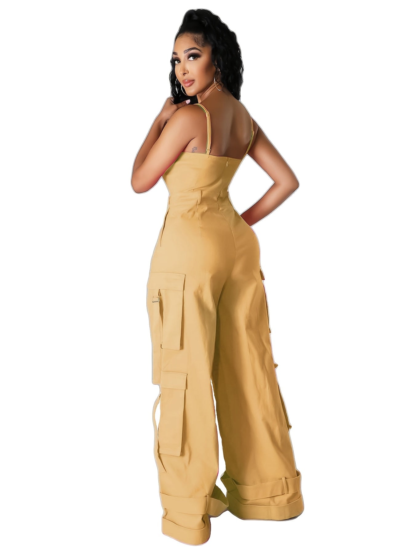 Teenager'S Jumpsuit - Teenager'S Long Wide-leg Utility Jumpsuit, High-waist With Multiple Pockets, Casual Summer Clothing, Street Fashion Camisole Backless Long Jumpsuit, for Outdoor, For Teenager