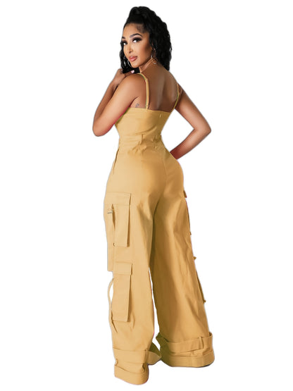 Teenager'S Jumpsuit - Teenager'S Long Wide-leg Utility Jumpsuit, High-waist With Multiple Pockets, Casual Summer Clothing, Street Fashion Camisole Backless Long Jumpsuit, for Outdoor, For Teenager