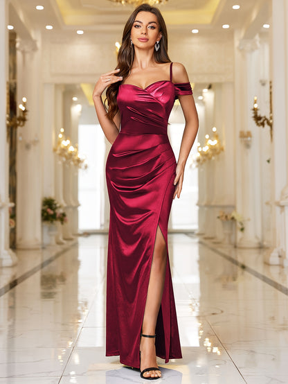 53300 Elegant Women'S Off-Shoulder Satin Long Bridesmaids Dress, Spaghetti Straps, Slit And Ruched Design, Perfect for Formal Evening Prom, Wedding Party, Gala