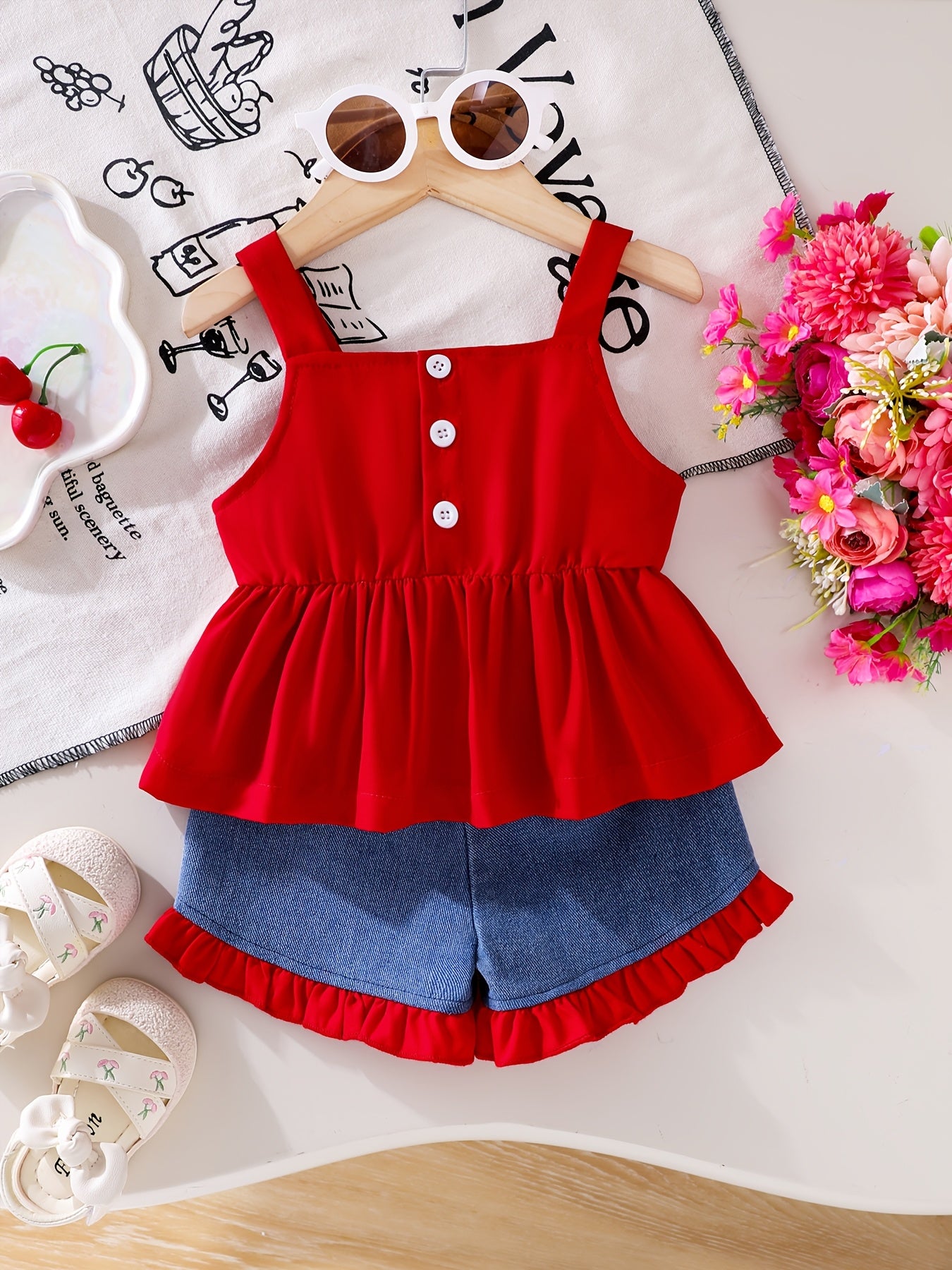 2pcs Baby Girls Set 3D Bow Sleeveless Cami Top Ruffle Trim Denim Shorts Summer Outdoor Play, for Outdoor