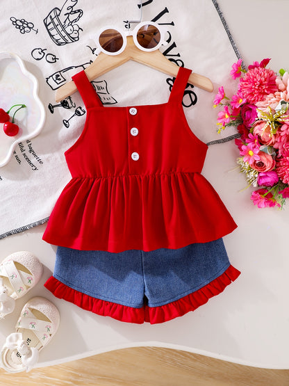 2pcs Baby Girls Set 3D Bow Sleeveless Cami Top Ruffle Trim Denim Shorts Summer Outdoor Play, for Outdoor