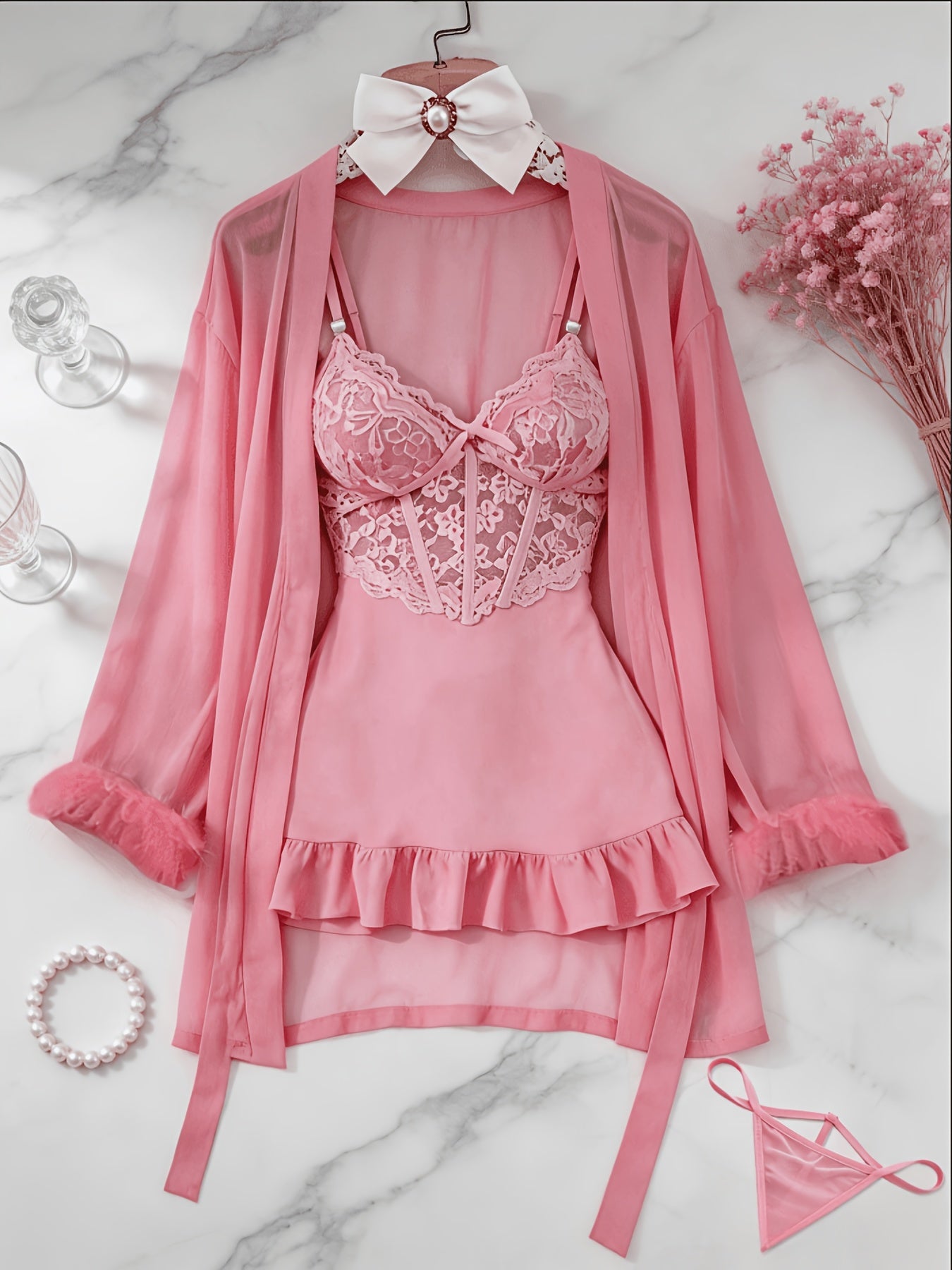 [3pcs Sheer Lace Set] Women's Lingerie 3pcs Sheer Lace Babydoll Set With Robe And Panty See Through Trim Mesh Sleepwear Sexy Nightwear