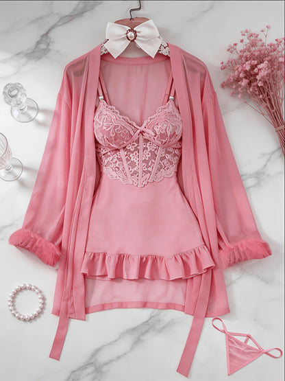 [3pcs Sheer Lace Set] Women's Lingerie 3pcs Sheer Lace Babydoll Set With Robe And Panty See Through Trim Mesh Sleepwear Sexy Nightwear