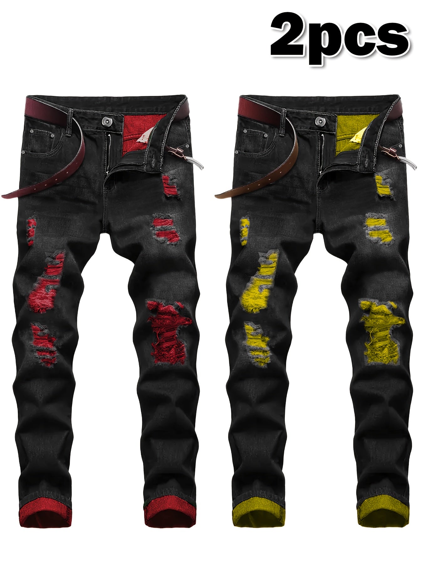 2pcs Men's Slim Fit Distressed Ripped Jeans | Classic Stretch Denim Pants, Trendy Casual Versatile Outfits