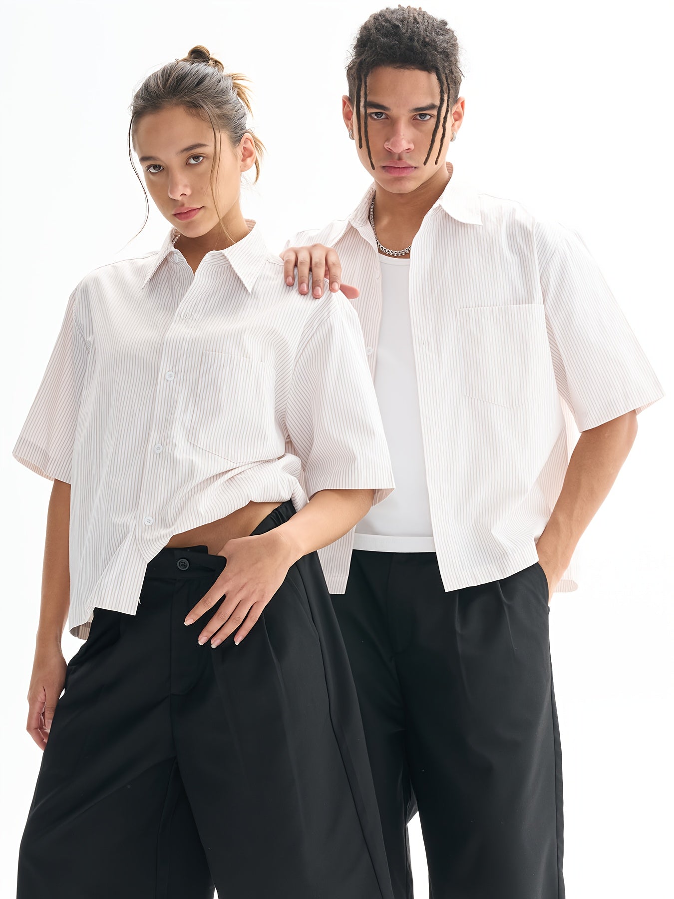 Unisex Casual Striped Shirt - Oversized, Loose Fit, Short Sleeve with Chest Patch Pocket | Lightweight Polyester Fabric | Perfect for Everyday, Beach, Party & Streetwear | Casual Attire | Chic Casual Style | Nontransparent Fabric