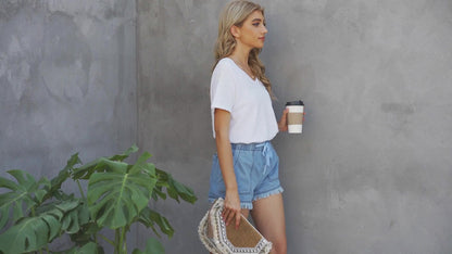 Women'S Casual Fashion Drawstring Elastic Waist Denim Shorts with Frayed Hem, Summer Comfort Fit Jean Shorts