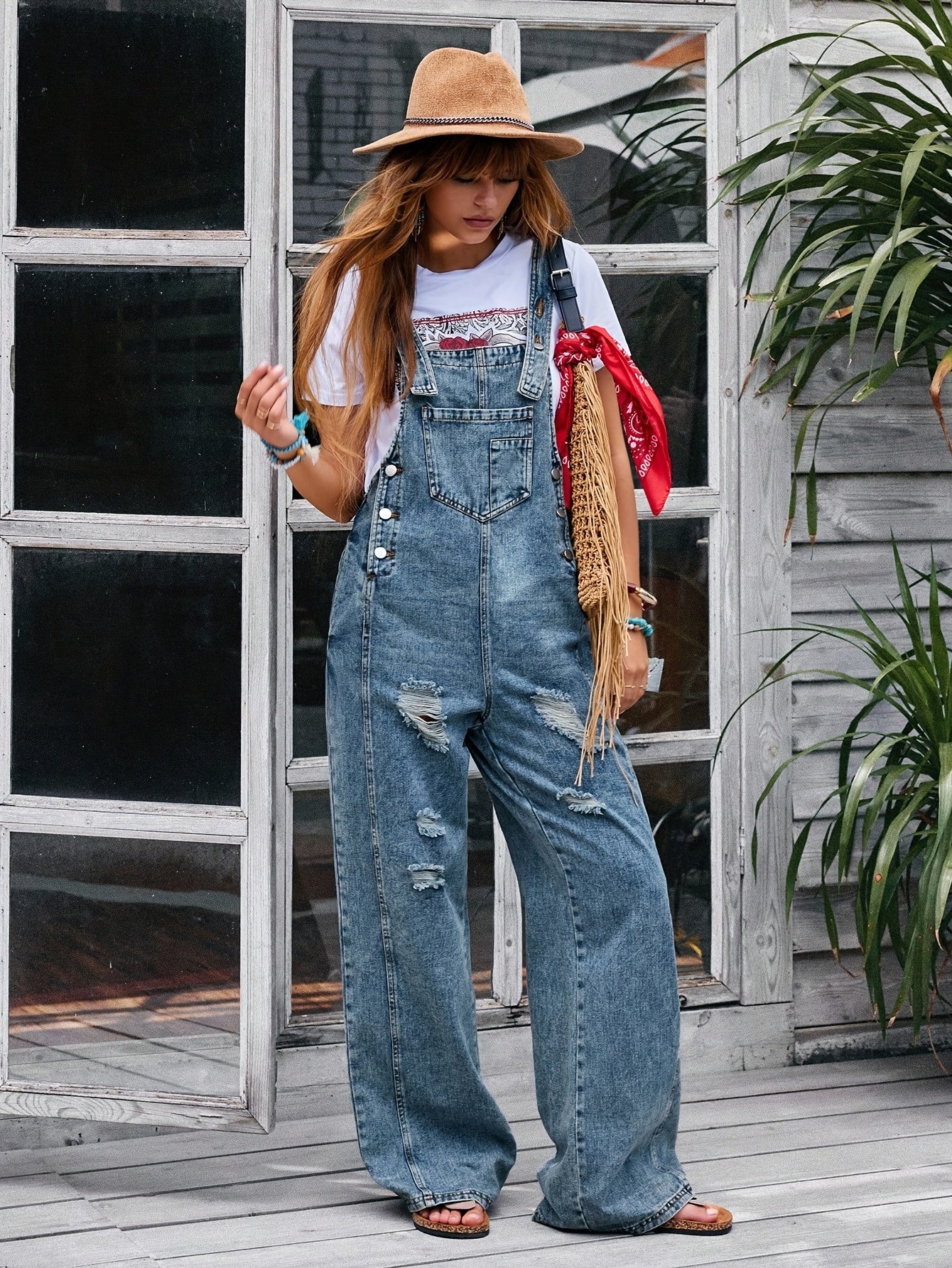 [Denim Jumpsuit] Women's Pocket Wide Leg Denim JumpsuitLadies' Casual Denim Jumpsuit, Loose And Adjustable Strap Pants, Denim Jumpsuit, Vest, Denim Jumpsuit, Skirt Strap Pocket