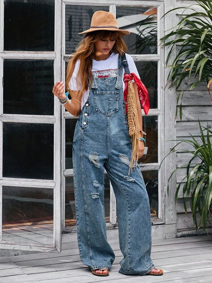 [Denim Jumpsuit] Women's Pocket Wide Leg Denim JumpsuitLadies' Casual Denim Jumpsuit, Loose And Adjustable Strap Pants, Denim Jumpsuit, Vest, Denim Jumpsuit, Skirt Strap Pocket