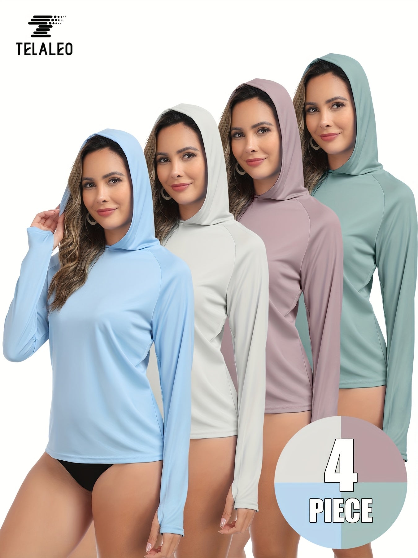 4pcs Set Women'S Hooded Shirt, Lightweight Quick-dry Hooded Shirt Women'S Casual Long-sleeved T-shirt Solid Color Multi-piece Set, Suitable For Sports Such As Fishing, Outdoor Activities, And Fitness