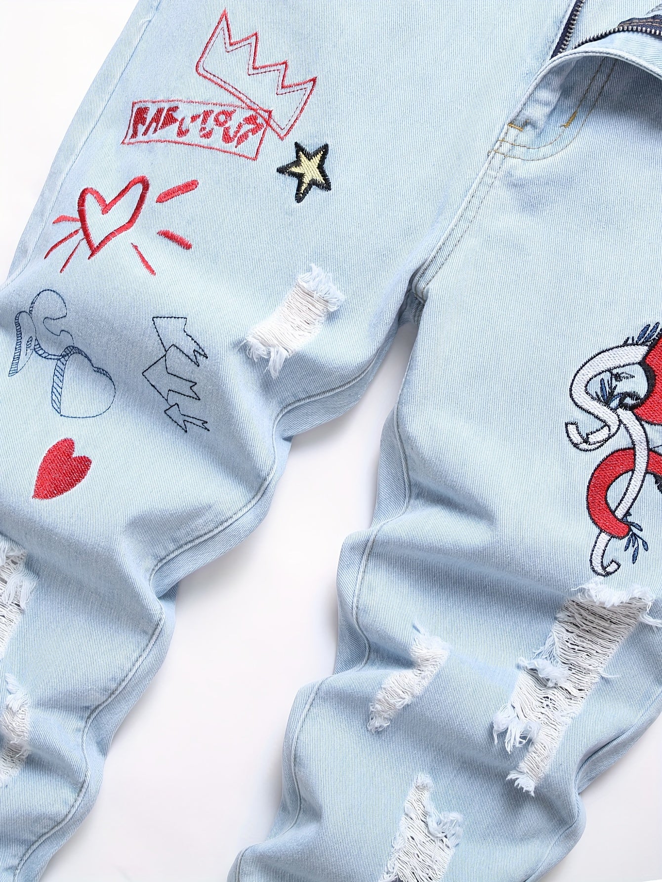 Men'S Slim Fit Letter & Heart Embroidered Ripped Jeans for Men