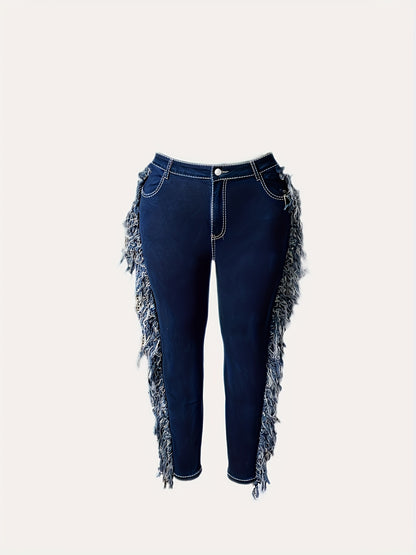 Oversized Deep Blue Fringed Diagonal Pockets, Distressed Fringed Jeans, Y2K Fringed Leggings, Tight Pants, High Waisted Elastic, Comfortable, Casual And Fashionable Oversized Jeans
