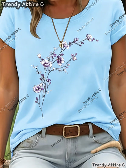 This Short-sleeved T-shirt Features A Purple Floral Print with A Horizontal Branch Pattern. It Has A Regular Fit And A Round Neck, Making It A Suitable Gift for Spring/summer. Perfect for Outdoor Casual Wear