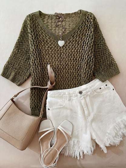 A Stylish Loose-Fitting Top with a Solid Color, V-Neck, And Hollow Design, Featuring Short Sleeves And New.