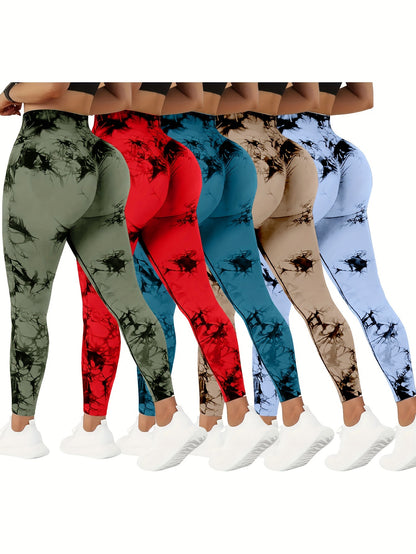 Set of 5 High-Waisted Yoga Pants for Women with Tummy Control, Summer Tie-Dye Fitness Leggings, Stretchy Running Tights for Peach Lift Workouts, Available in Various Colors