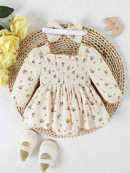 Baby Girl's Long-Sleeve Floral Romper And Bowknot Headband Set - Suitable for Babies Aged 3-24 Months, Perfect for Outdoor
