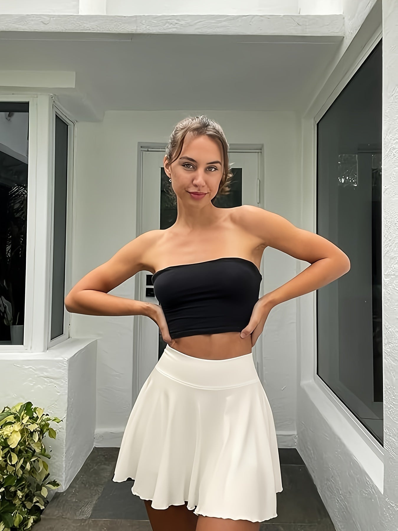 Women 2pcs Skirts 2in 1 Flowy Cheeky Short Skirts Stretchy Flared Casual  Skirts Womenswear Bottom