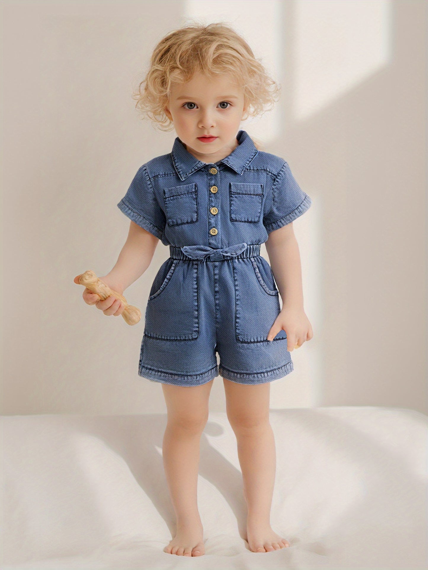 Denim Overalls for Baby Girls Featuring Short Sleeves, a Turn- Collar, Button Closure, And an Elastic Waistband