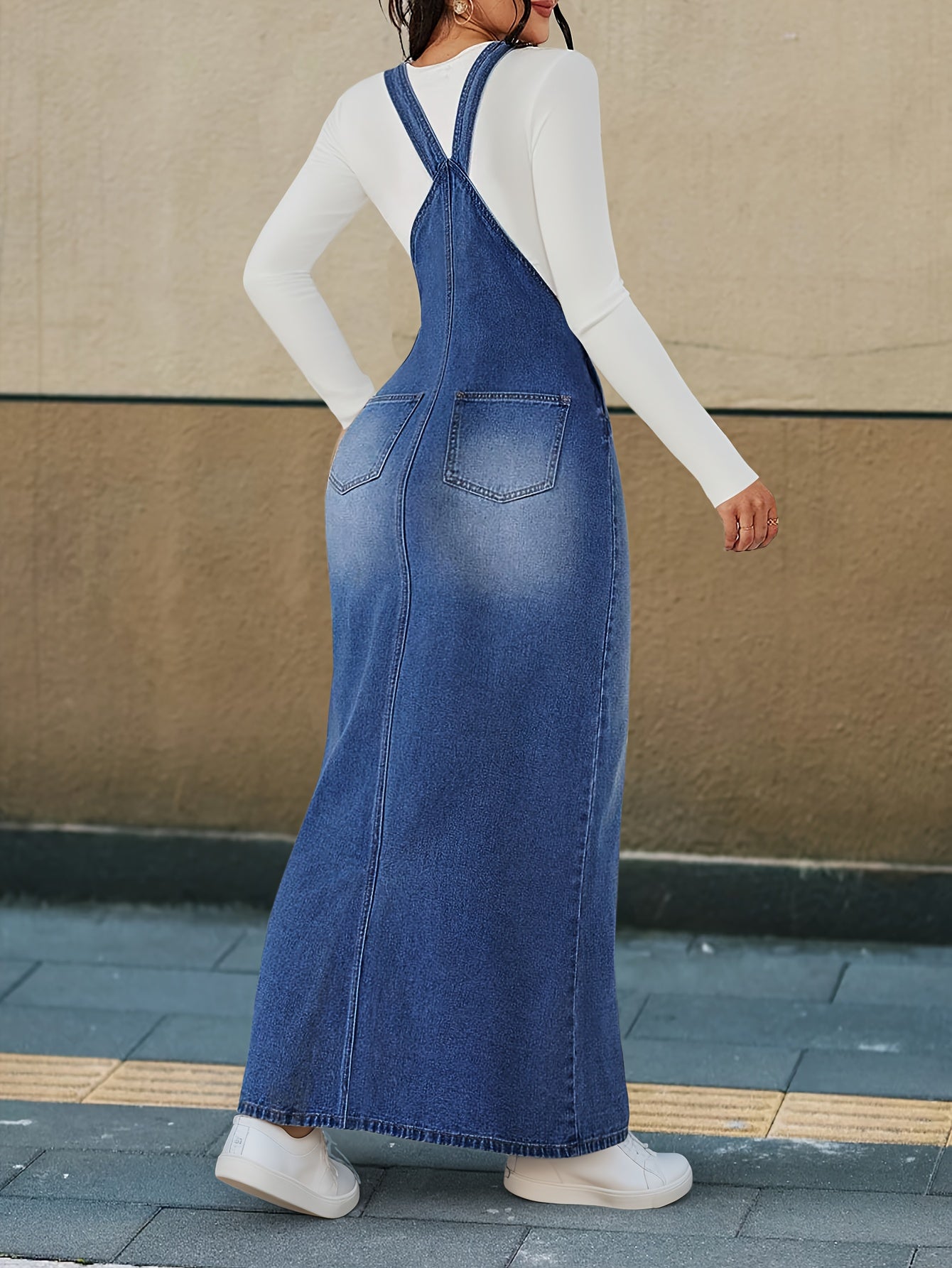 [Durable Denim Dress] Durable Denim Dress - Women's Non-Stretch Loose Fit Long Skirt with Detachable Strap, Multiple Buttons for Easy Closure, Everyday to Formal Outfits - Casual Chic Outwear, Versatile Outfit Option