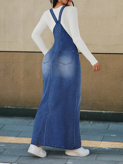 [Durable Denim Dress] Durable Denim Dress - Women's Non-Stretch Loose Fit Long Skirt with Detachable Strap, Multiple Buttons for Easy Closure, Everyday to Formal Outfits - Casual Chic Outwear, Versatile Outfit Option